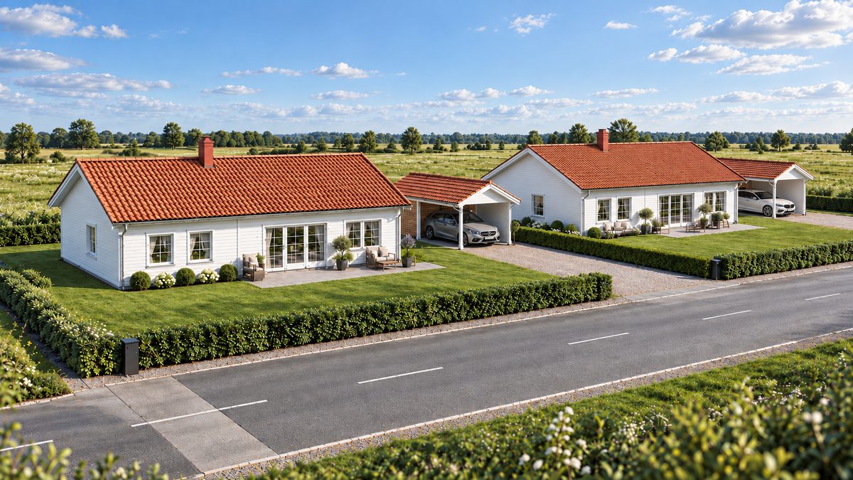 Illustration av två vita enplanshus med röda sadeltak och varsin carport i Bången